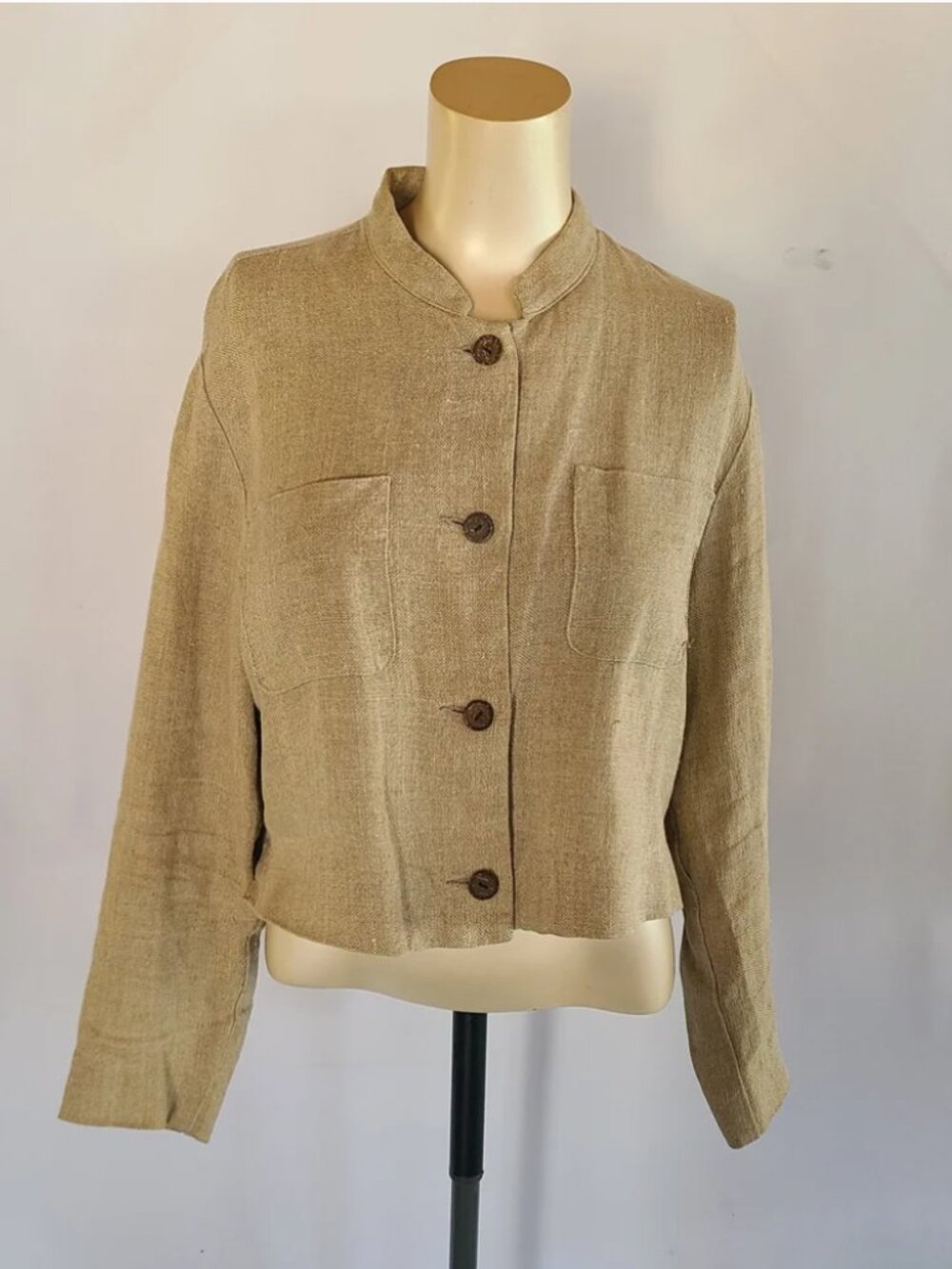 Vtg GAP 100% Linen Cropped Utility Jacket Tan Neutral Boxy Size S